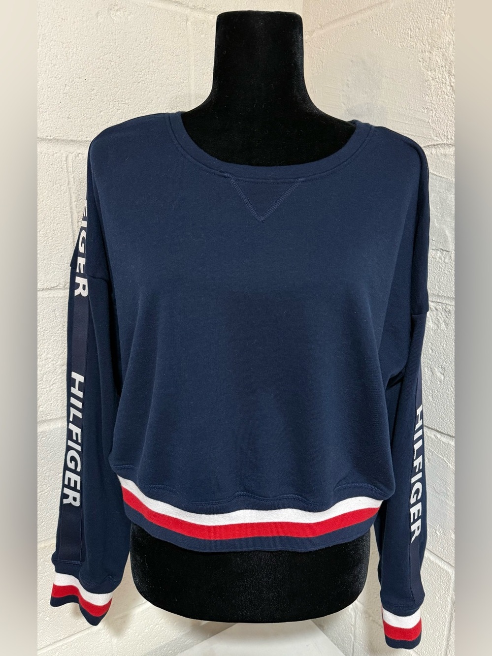 Tommy Hilfiger Navy Cropped Sweatshirt Tape Logo Sleeve Striped Hem Large L